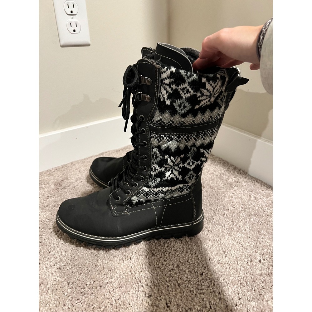 Black Nordic Snowflake Knit Lace Up Winter Boots Women Size 9 Side Zip Lug Sole